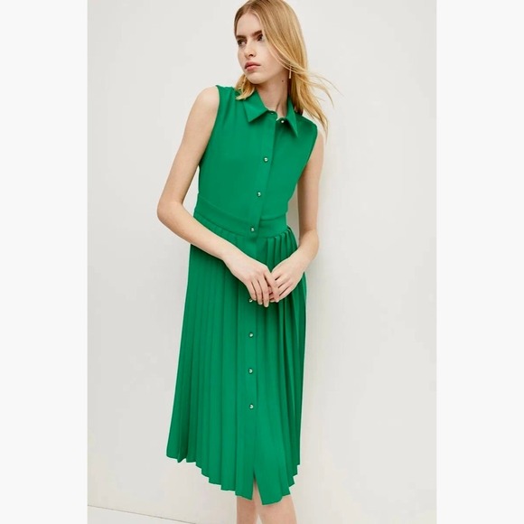 NWT!! KAREN MILLEN Soft Tailored Pleated Sleeveless Shirt Dress Solid Green US 8 - Picture 5 of 16